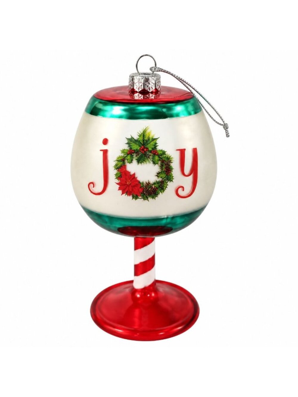 Vintage Wine Glass Ornament Mercurized Glass Poinsettia Joy Candy Cane Stem Wine